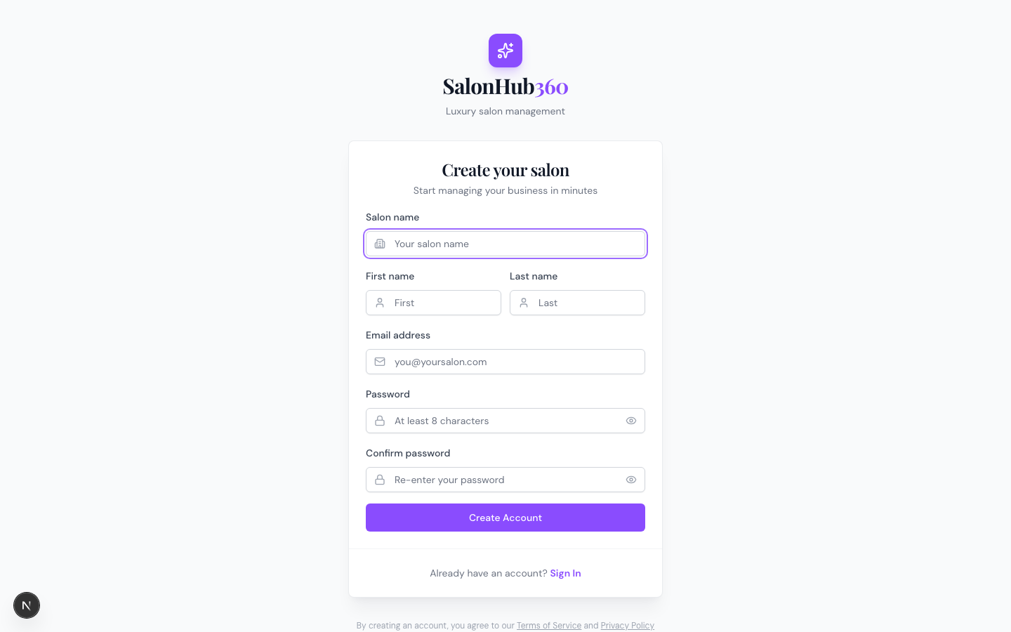 The sign-up form filled in with a salon name, owner name, email, and password