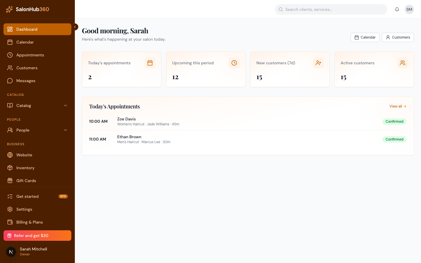 The dashboard home screen with the greeting, KPI cards, and today's appointments