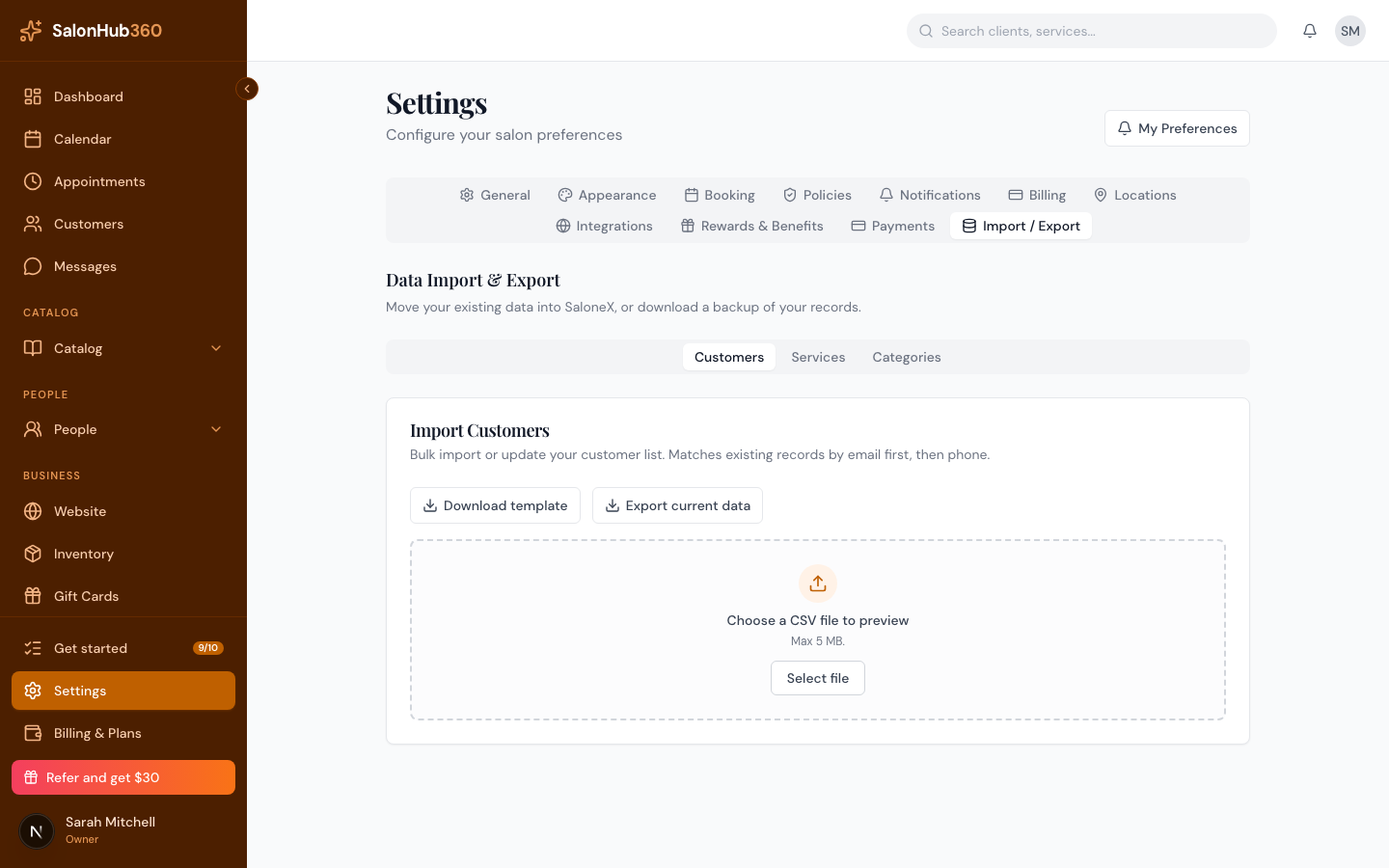 The Import / Export tab with Customers, Services, and Categories sub-tabs