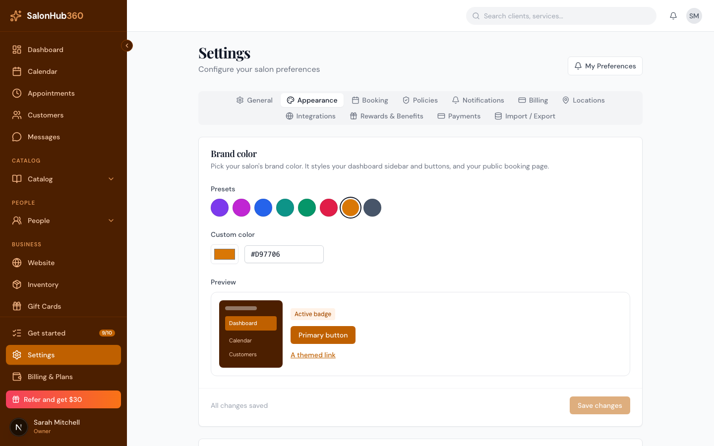 The Brand color presets and custom hex field with a live preview