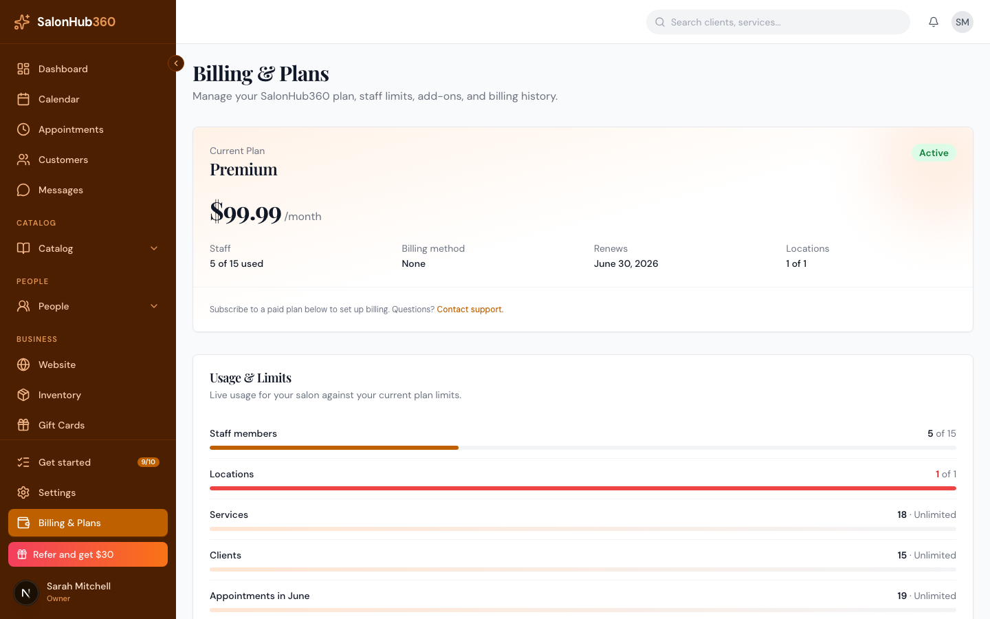 The Usage and Limits section with an SMS credits row showing the current balance
