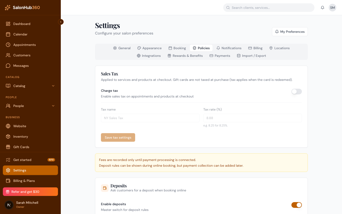 The Settings Policies tab with the Cancellation policy and No-show fee cards