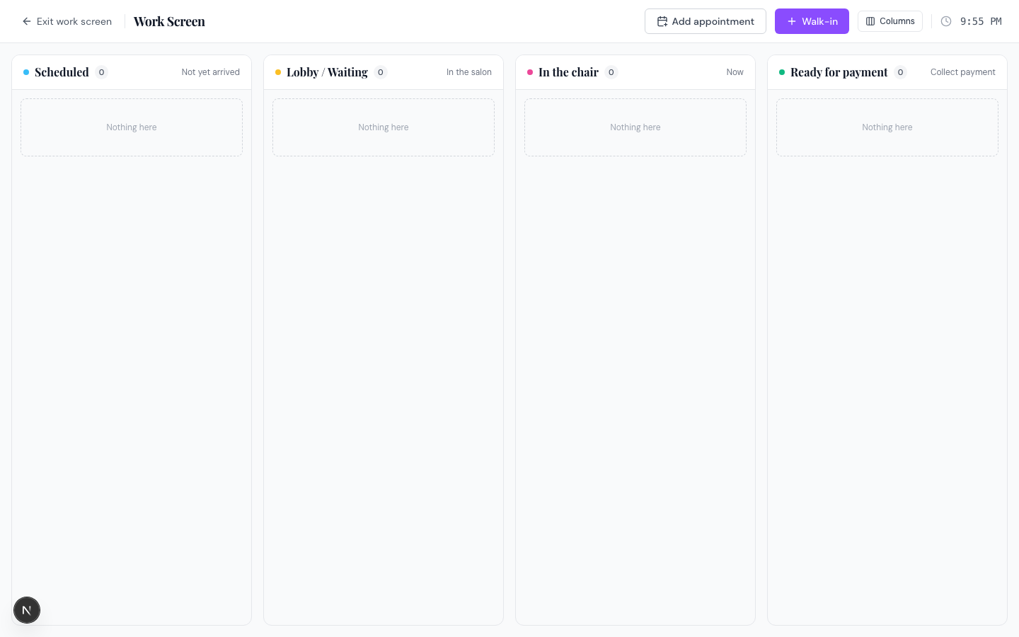 The Work Screen showing its four columns with client cards