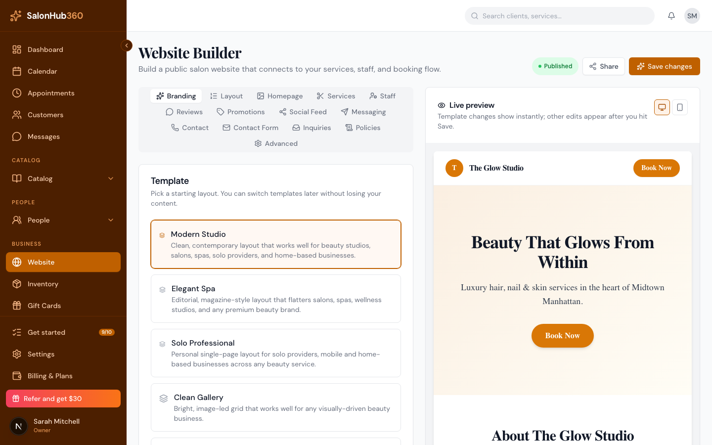 The Inquiries tab showing a list of contact-form submissions, newest first