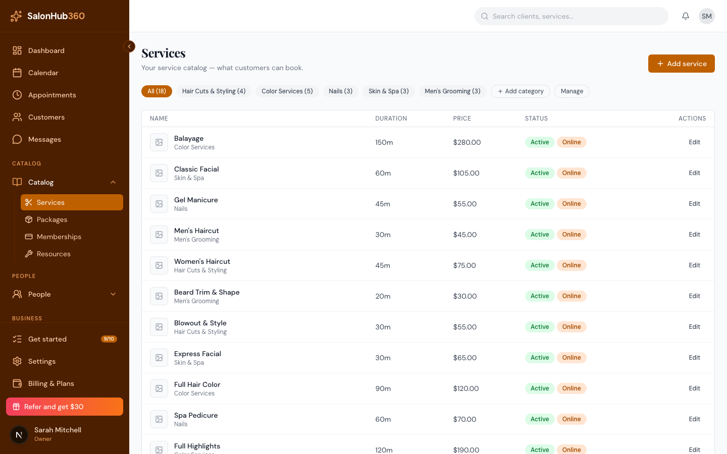 The Services list with a service ready to open