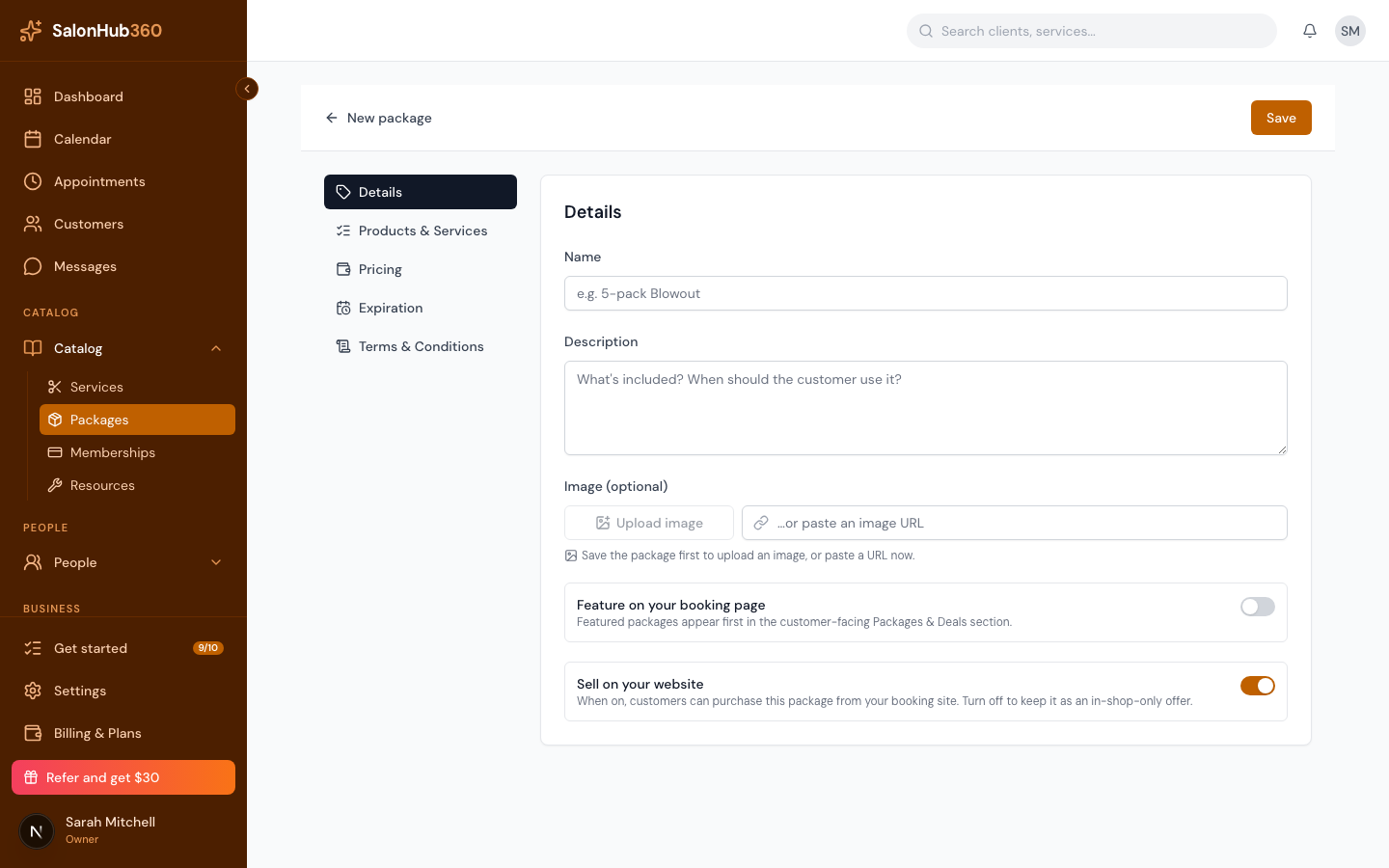 The Products and Services section with a service added and a quantity set