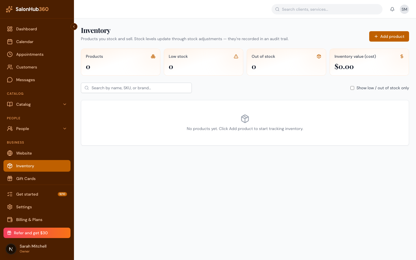 The Add product form with name, cost, and retail price fields