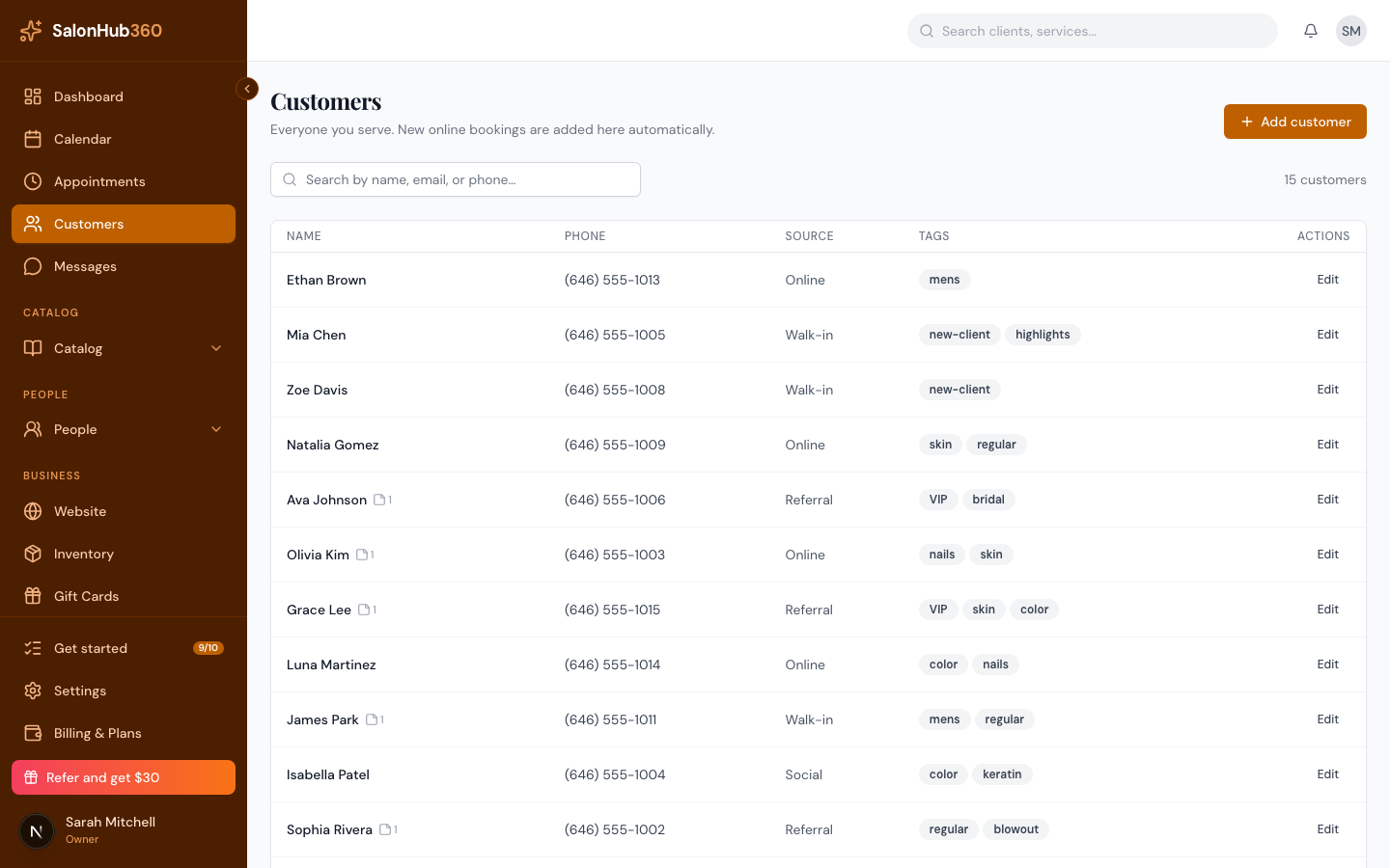 The Customers page with the Add customer button highlighted
