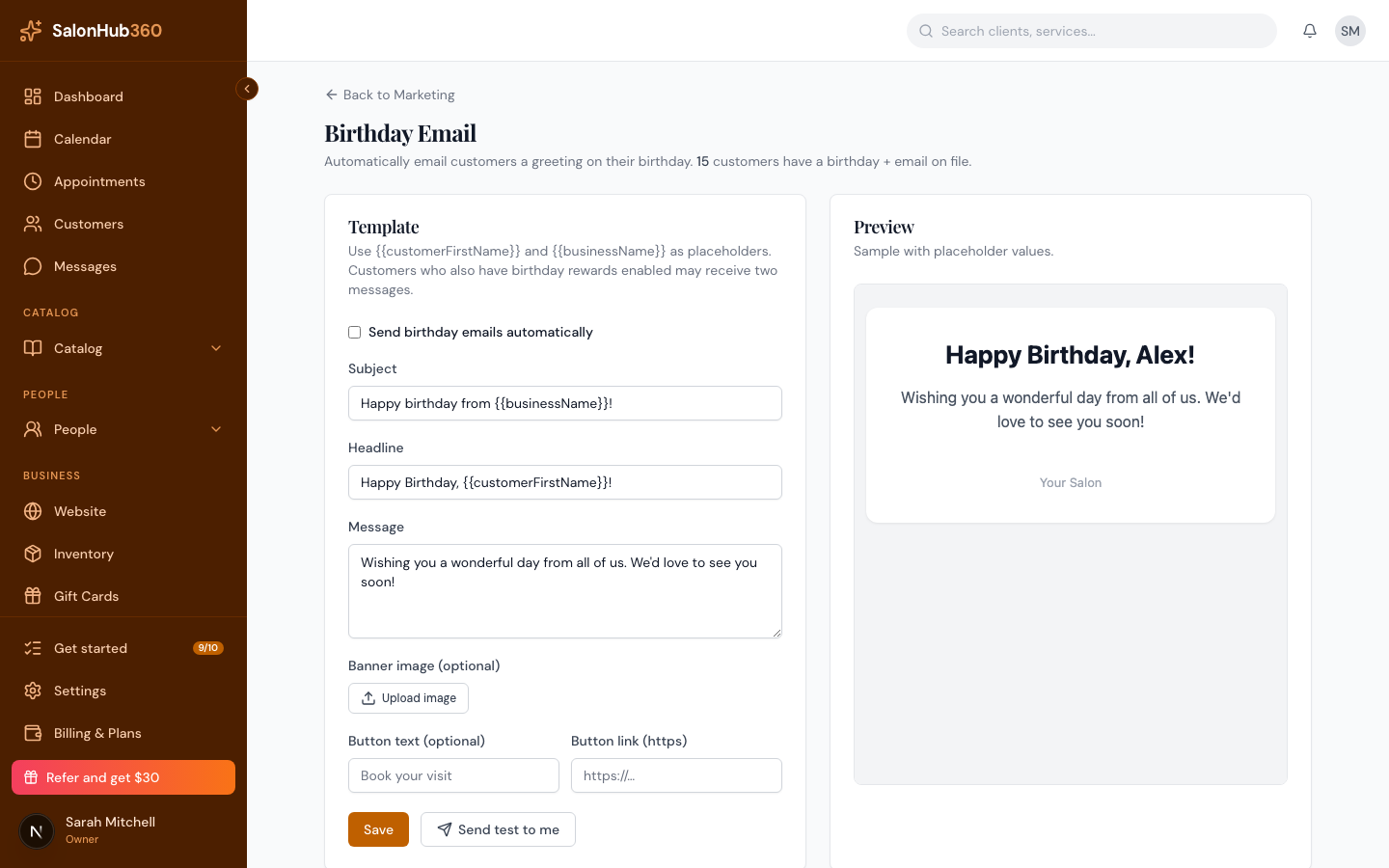The optional banner upload and the Button text and Button link fields for a call to action
