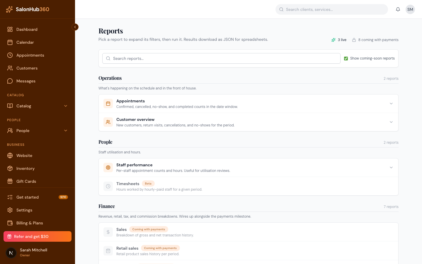 The report library listing available reports grouped by category