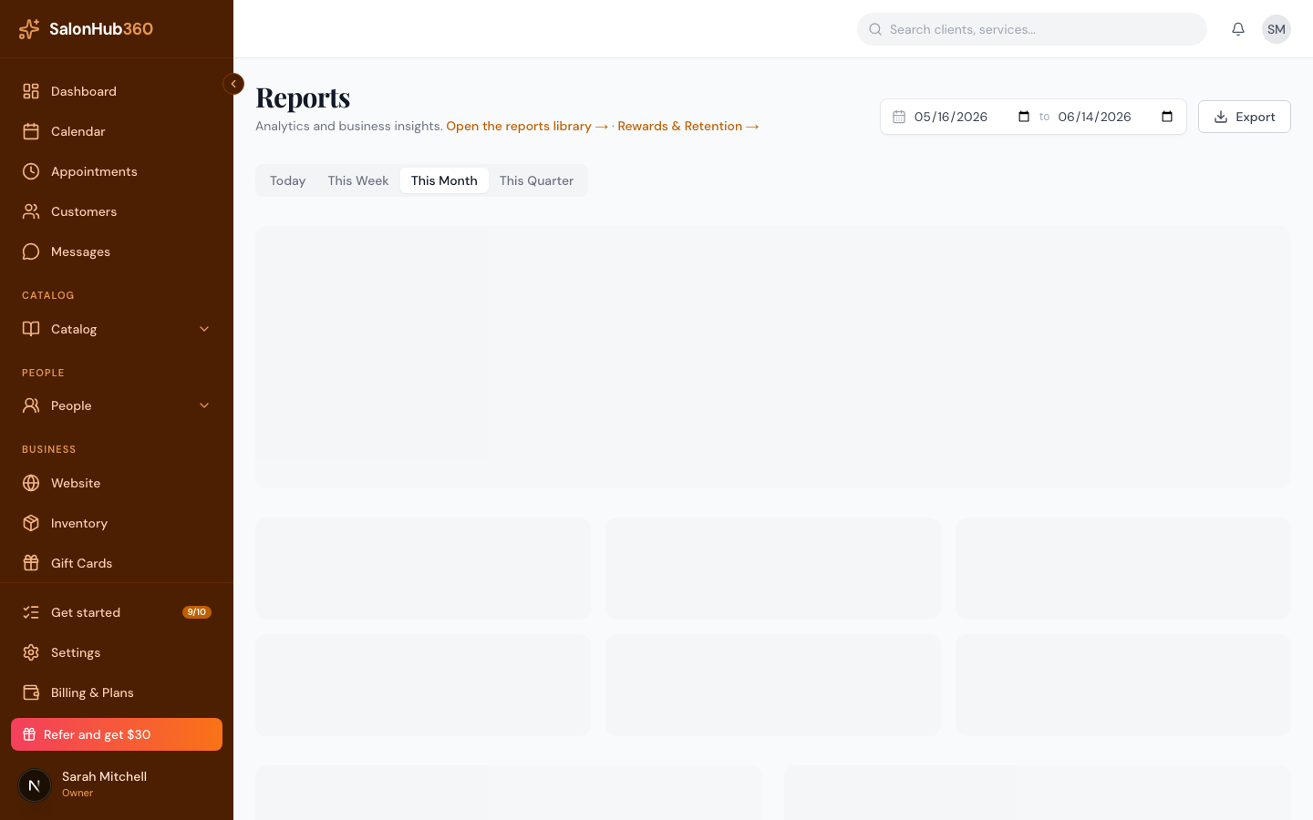 The Top Services, Top Stylists, and Top Customers sections