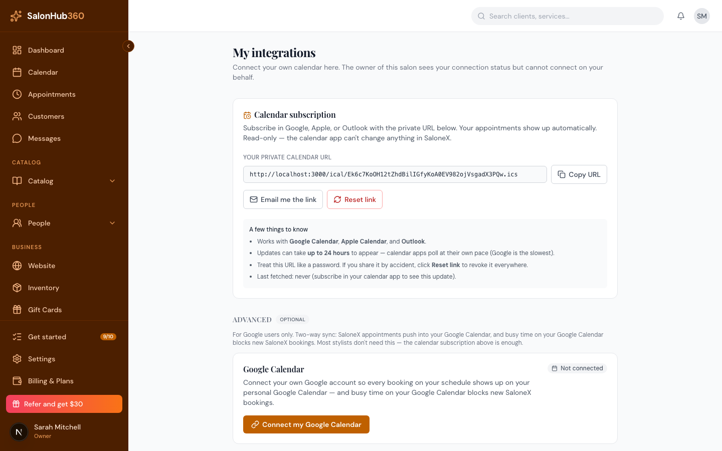 The My integrations page with the calendar subscription panel