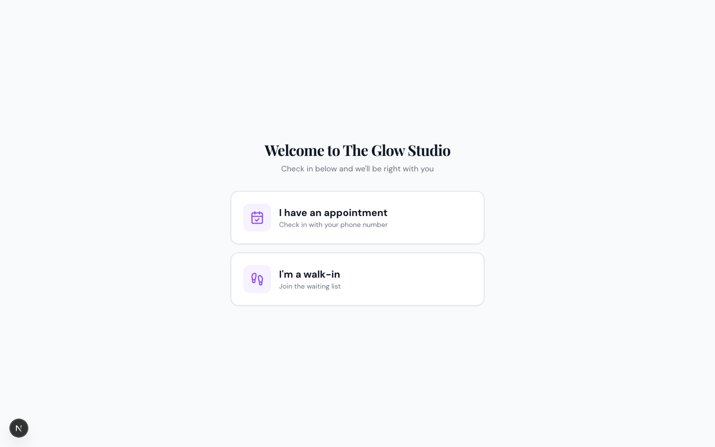 The check-in welcome screen with I have an appointment and I'm a walk-in options