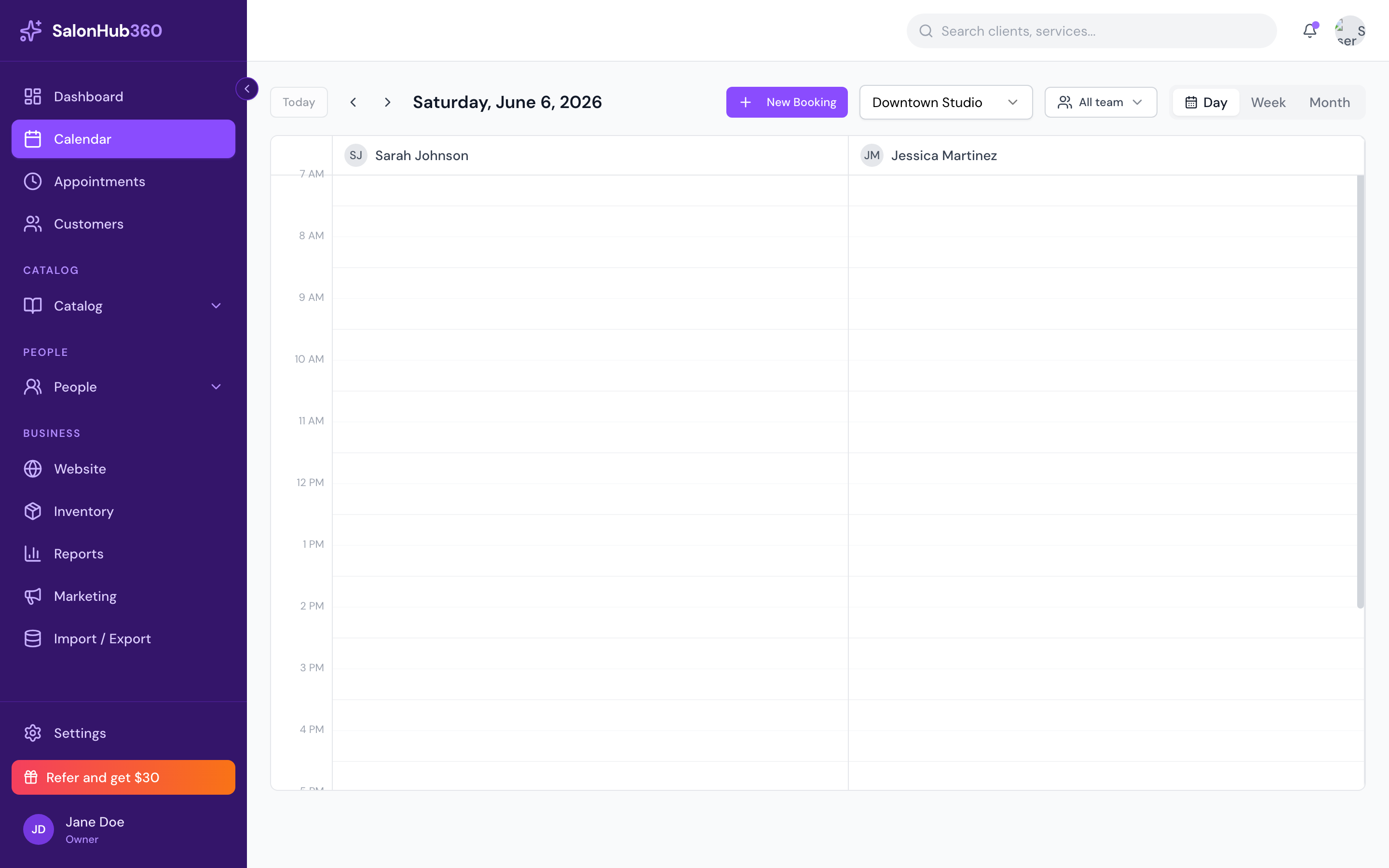 SalonHub360 calendar with staff columns and appointments