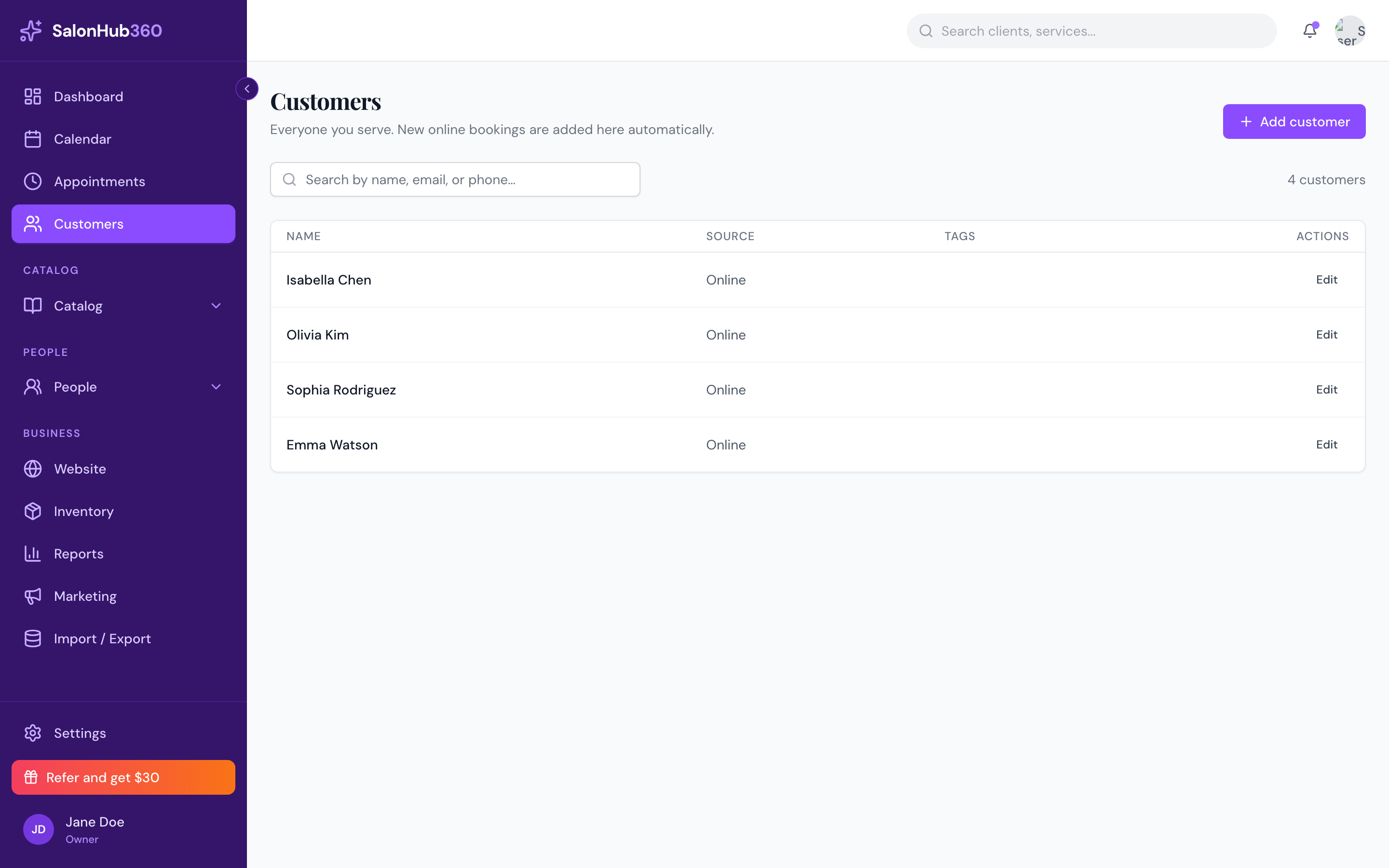 SalonHub360 customer management list